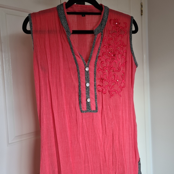 Embroidered Flower Large Pink Long Dress - Side Slits Pink Formal Dress - Picture 4 of 12